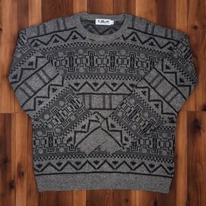 Vintage 90s Lavane New‎ York Knit Sweater XL Gray Geometric Pattern Grandpa Core